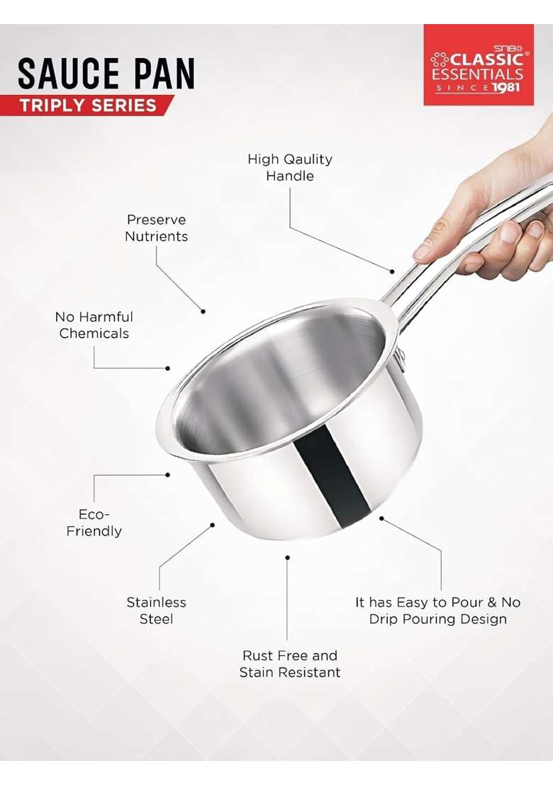 CLASSIC ESSENTIALS Triply Stainless Steel Saucepan | 1500 ml | 50.7 fl oz | 16 cm | 6.3 Inch | Induction Compatible - Indya