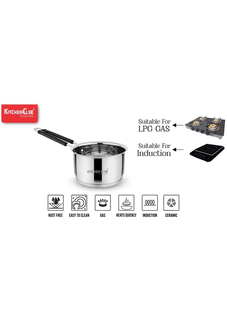 KITCHEN CLUE Stainless Steel Triply Saucepan Tea Pan I Induction and Gastove Cooking I Soft | 1600 ml | 54.1 fl oz - Indya