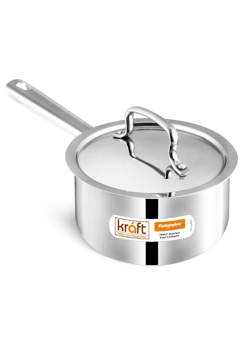 Kraft- follow your imagination Futuretec Triply Stainless Steel Cookware Saucepan with Lid | 1.2 L | 1.3 Qt | 14 cm | 5.5 Inch | Induction Compatible - Indya