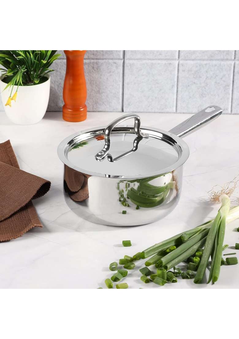 Kraft- follow your imagination Futuretec Triply Stainless Steel Cookware Saucepan with Lid | 1.2 L | 1.3 Qt | 14 cm | 5.5 Inch | Induction Compatible - Indya