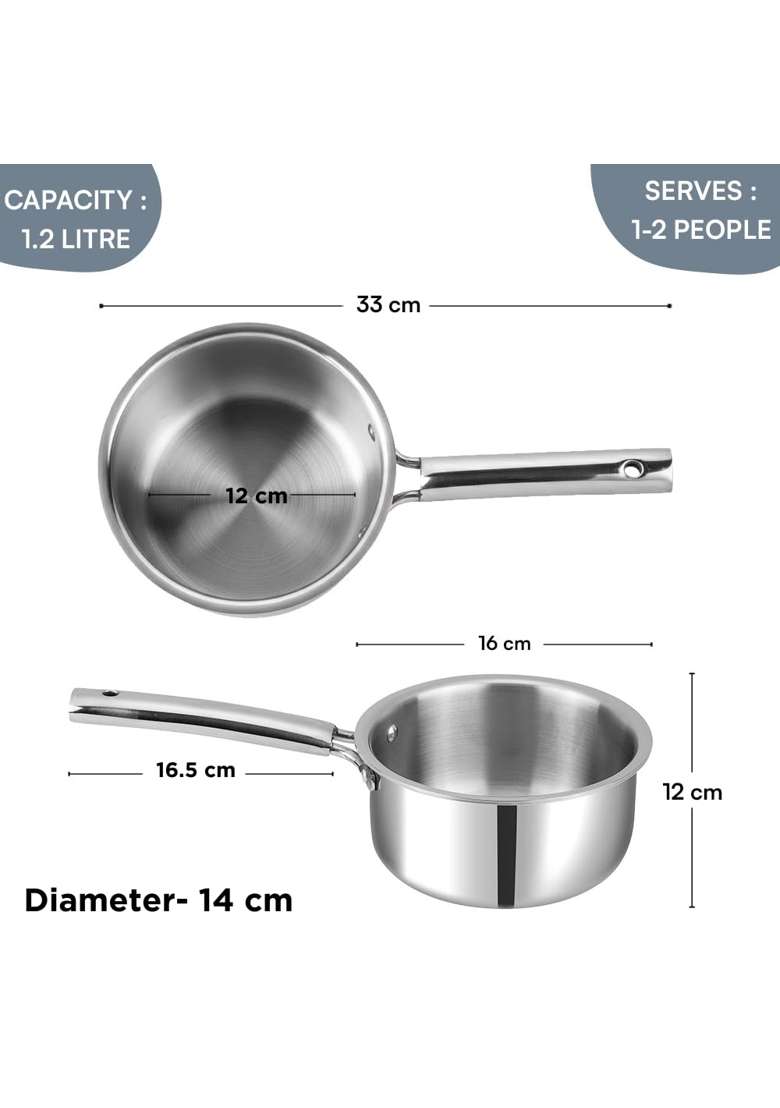 Kraft- follow your imagination Futuretec Triply Stainless Steel Cookware Saucepan with Lid | 1.2 L | 1.3 Qt | 14 cm | 5.5 Inch | Induction Compatible - Indya