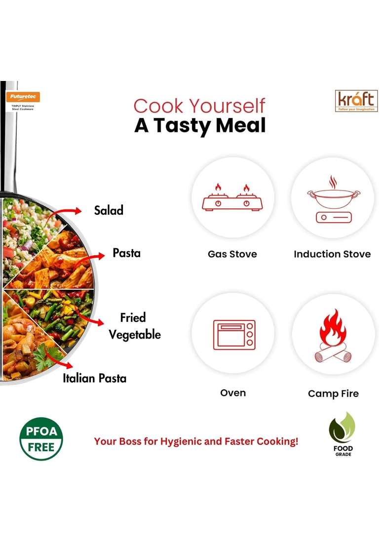 Kraft- follow your imagination Futuretec Triply Stainless Steel Cookware Saucepan with Lid | 1.2 L | 1.3 Qt | 14 cm | 5.5 Inch | Induction Compatible - Indya