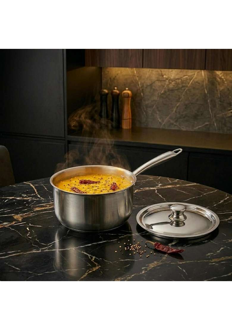 AGARO Regency Triply Stainless Steel Saucepan with Lid | 1.5 L | 1.6 Qt | 16 cm | 6.3 Inch | Induction Compatible | Dishwasher Safe | Non-Toxic - Indya