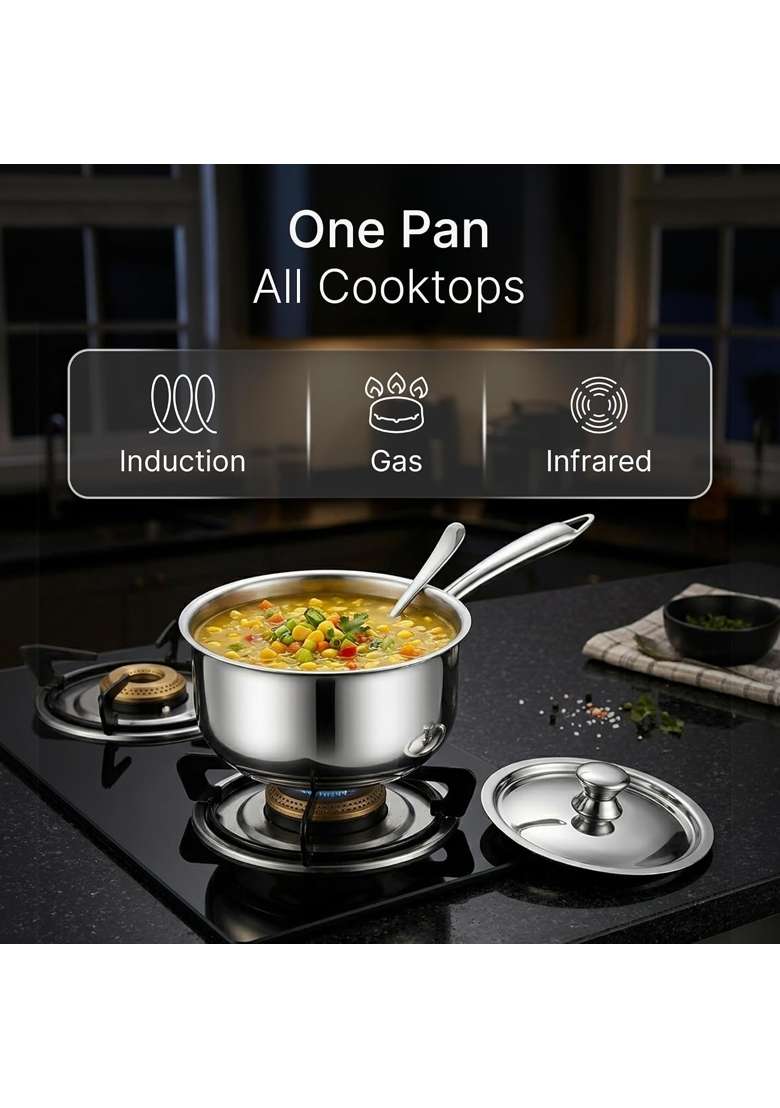 AGARO Regency Triply Stainless Steel Saucepan with Lid | 1.5 L | 1.6 Qt | 16 cm | 6.3 Inch | Induction Compatible | Dishwasher Safe | Non-Toxic - Indya