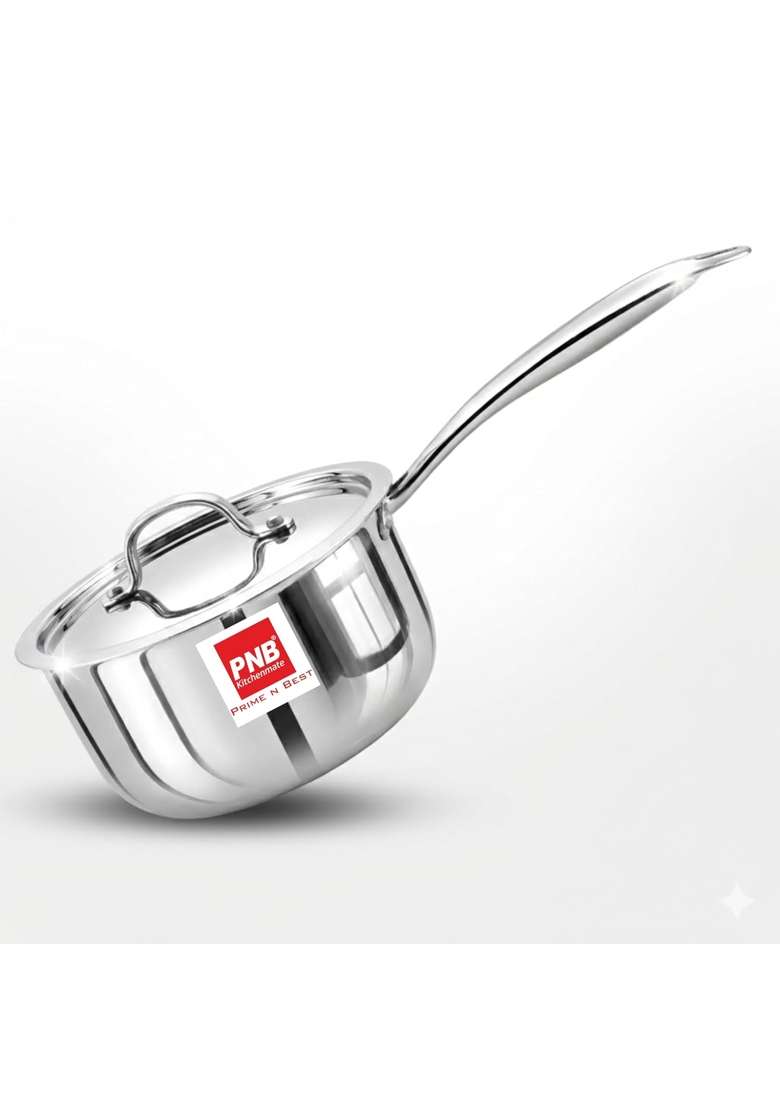 PNB Kitchenmate Triply Stainless Steel Saucepan with Steel Lid | 1.5 L | 1.6 Qt | 16 cm | 6.3 Inch | Induction Compatible | Heavy Bottom - Indya