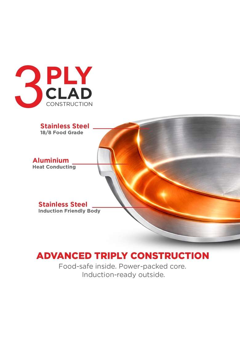 PNB Kitchenmate Triply Stainless Steel Saucepan with Steel Lid | 1.5 L | 1.6 Qt | 16 cm | 6.3 Inch | Induction Compatible | Heavy Bottom - Indya