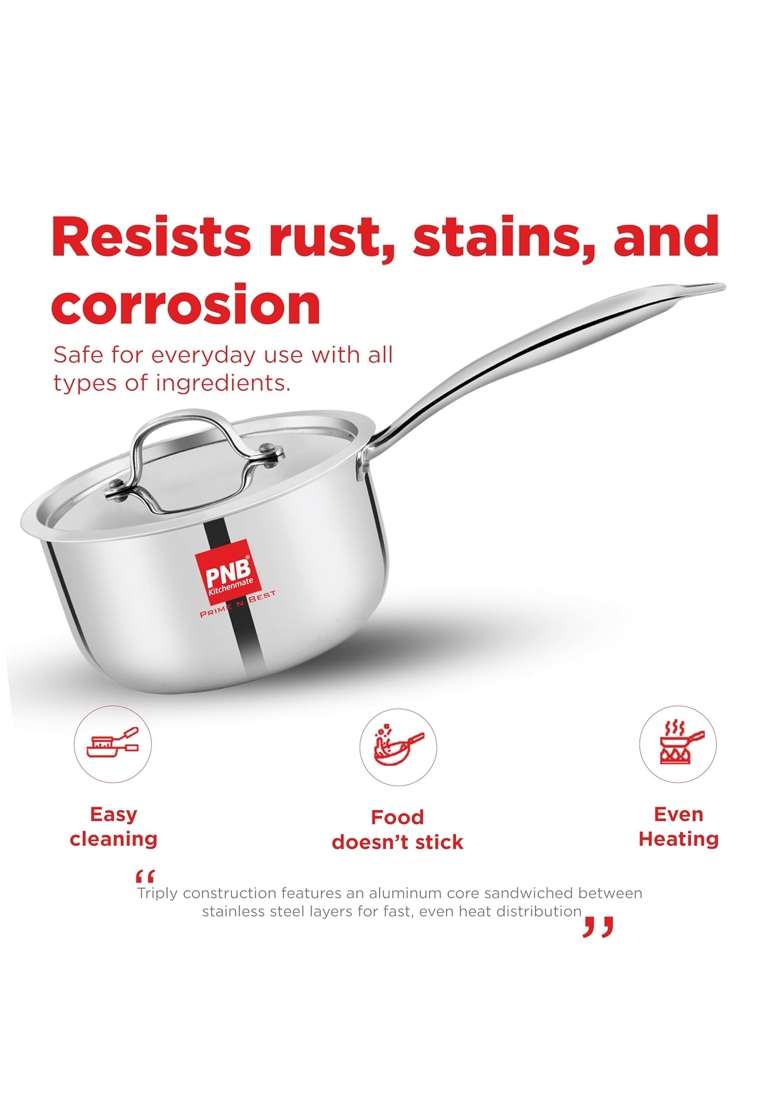 PNB Kitchenmate Triply Stainless Steel Saucepan with Steel Lid | 1.5 L | 1.6 Qt | 16 cm | 6.3 Inch | Induction Compatible | Heavy Bottom - Indya