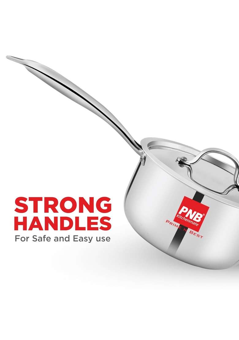PNB Kitchenmate Triply Stainless Steel Saucepan with Steel Lid | 1.5 L | 1.6 Qt | 16 cm | 6.3 Inch | Induction Compatible | Heavy Bottom - Indya
