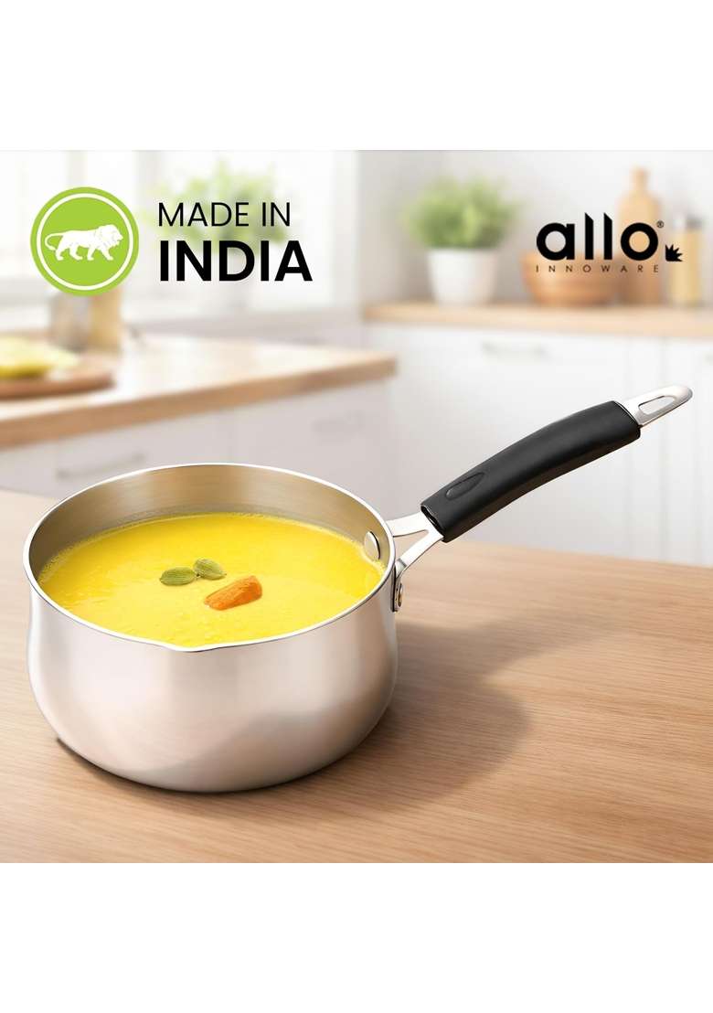 Allo Triply Stainless Steel TriPly Sauce Pan | 1.2 L | 1.3 Qt | 14 cm | 5.5 Inch | Induction Compatible | Non-Stick - Indya