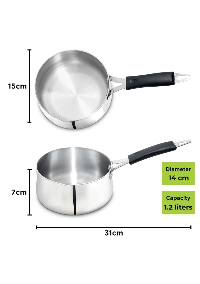 Allo Triply Stainless Steel TriPly Sauce Pan | 1.2 L | 1.3 Qt | 14 cm | 5.5 Inch | Induction Compatible | Non-Stick - Indya