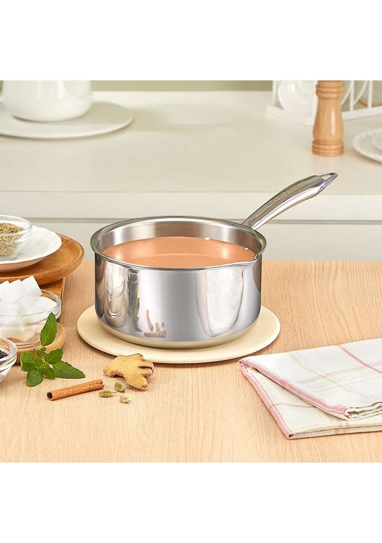 Borosil Cookfresh Triply Stainless Steel Sauce Pan with Spout | 16 cm | 6.3 Inch | Induction Compatible | Dishwasher Safe | Food Safe - Indya