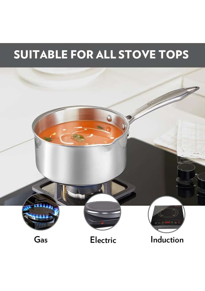 Borosil Cookfresh Triply Stainless Steel Sauce Pan with Spout | 16 cm | 6.3 Inch | Induction Compatible | Dishwasher Safe | Food Safe - Indya