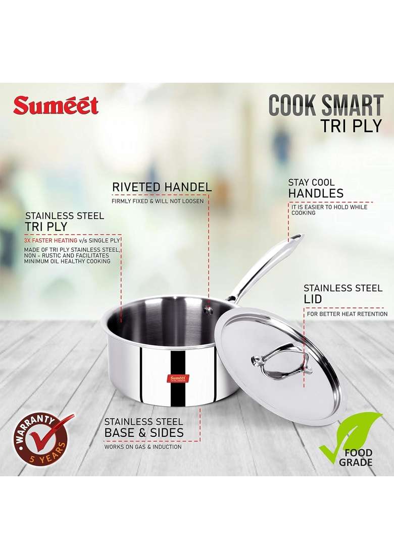 Sumeet Stainless Steel Cook Smart Triply Steel-Aluminium-Steel | 1.2 L | 1.3 Qt | 14 cm | 5.5 Inch | With Lid - Indya