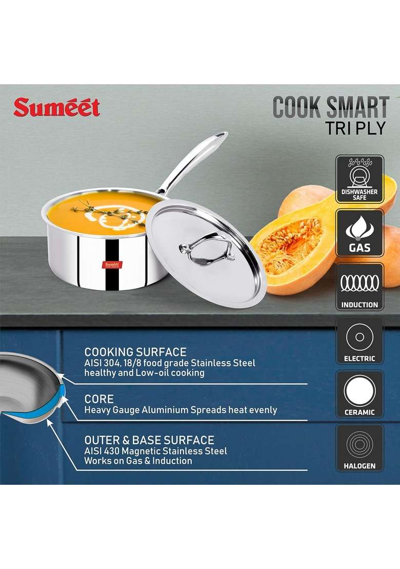 Sumeet Stainless Steel Cook Smart Triply Steel-Aluminium-Steel | 1.2 L | 1.3 Qt | 14 cm | 5.5 Inch | With Lid - Indya