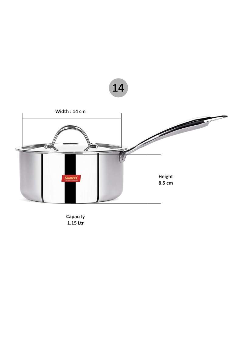 Sumeet Stainless Steel Cook Smart Triply Steel-Aluminium-Steel | 1.2 L | 1.3 Qt | 14 cm | 5.5 Inch | With Lid - Indya
