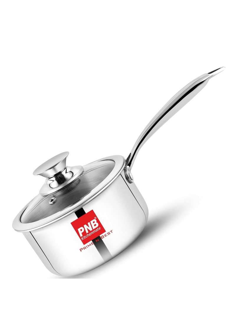 PNB Kitchenmate Triply Stainless Steel Tea Pan | 1.5 L | 1.6 Qt | 16 cm | 6.3 Inch | Induction Compatible | Heavy Bottom | With Lid | Food Safe - Indya