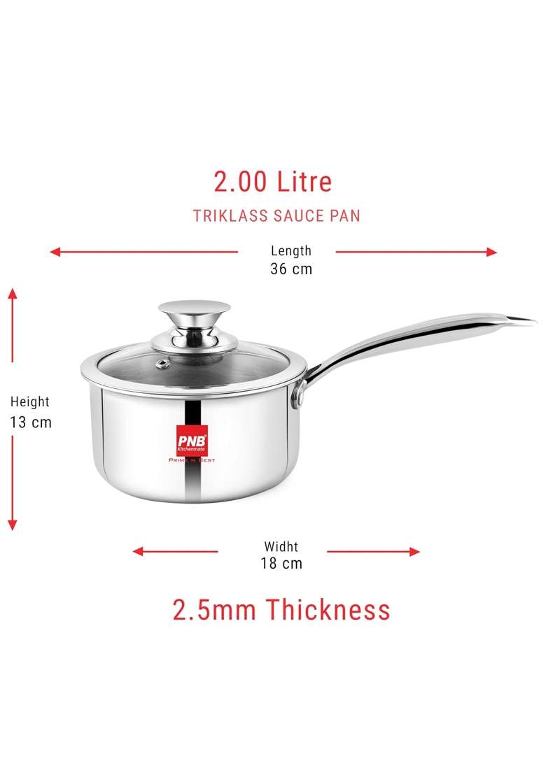 PNB Kitchenmate Triply Stainless Steel Tea Pan | 1.5 L | 1.6 Qt | 16 cm | 6.3 Inch | Induction Compatible | Heavy Bottom | With Lid | Food Safe - Indya