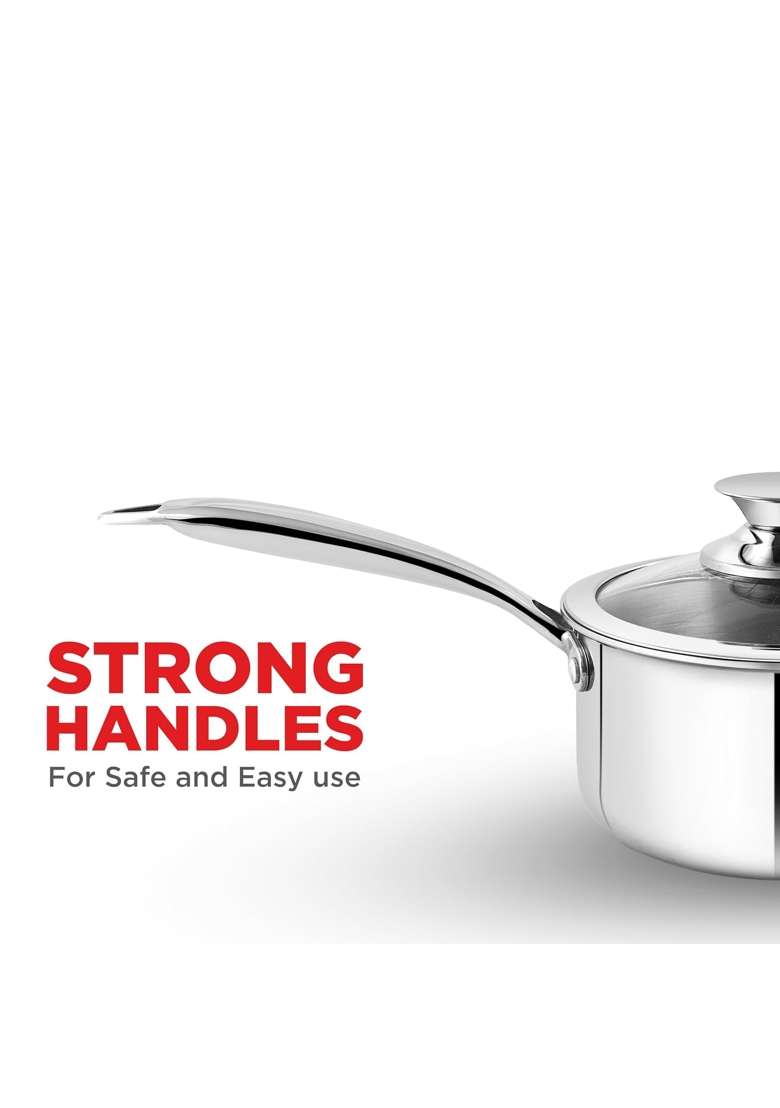PNB Kitchenmate Triply Stainless Steel Tea Pan | 1.5 L | 1.6 Qt | 16 cm | 6.3 Inch | Induction Compatible | Heavy Bottom | With Lid | Food Safe - Indya