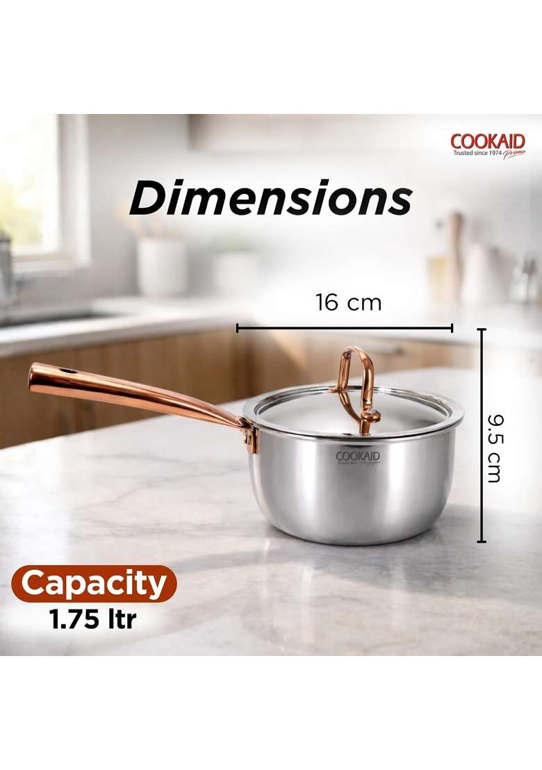 COOKAID Triply Stainless Steel Saucepan with Lid | 1.75 L | 1.8 Qt | 16 cm | 6.3 Inch | Induction Compatible | Rust Resistant - Indya