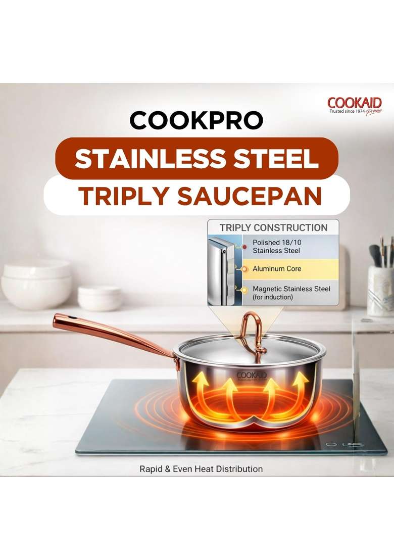 COOKAID Triply Stainless Steel Saucepan with Lid | 1.75 L | 1.8 Qt | 16 cm | 6.3 Inch | Induction Compatible | Rust Resistant - Indya