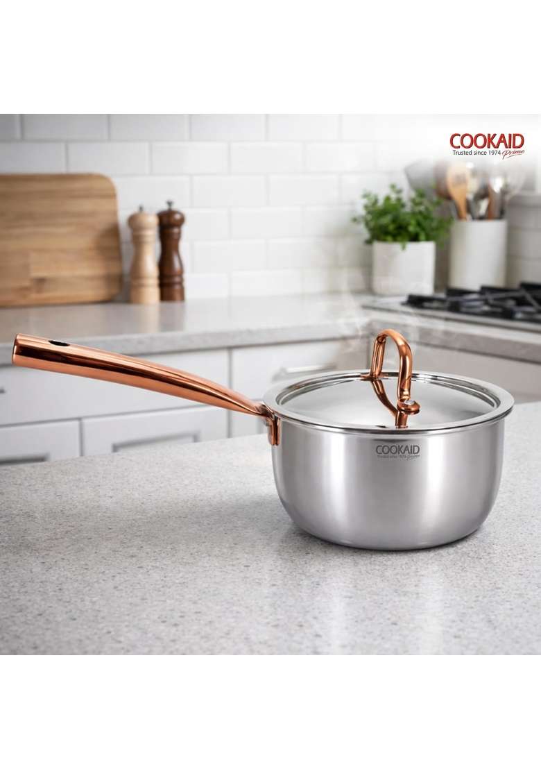 COOKAID Triply Stainless Steel Saucepan with Lid | 1.75 L | 1.8 Qt | 16 cm | 6.3 Inch | Induction Compatible | Rust Resistant - Indya