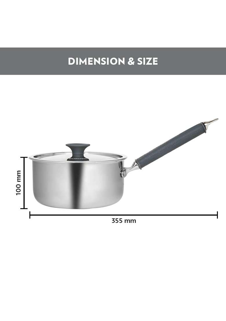 Borosil Cookfresh Tri-ply Stainless Steel Saucepan with Steel Handle | 1.6 L | 1.7 Qt | Induction Compatible | Food Safe - Indya