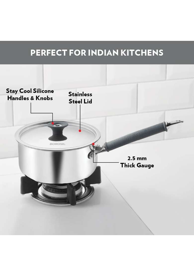 Borosil Cookfresh Tri-ply Stainless Steel Saucepan with Steel Handle | 1.6 L | 1.7 Qt | Induction Compatible | Food Safe - Indya