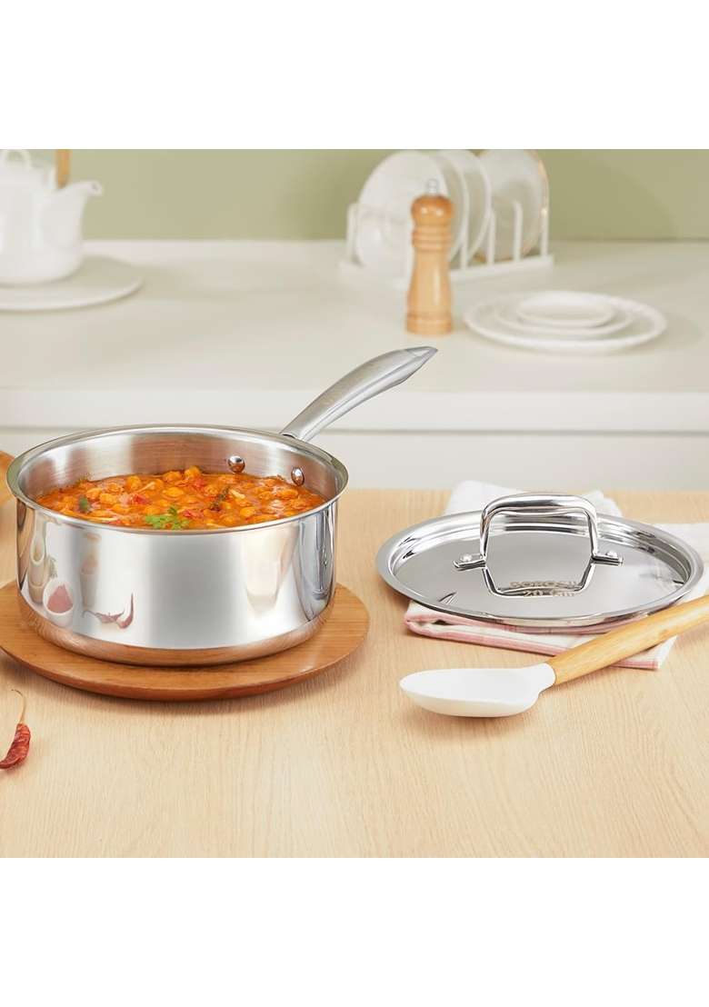 Borosil Cookfresh Triply Stainless Steel Straight Shape Sauce Pan with Lid | 20 cm | 7.9 Inch | Induction Compatible | Dishwasher Safe | Food Safe - Indya