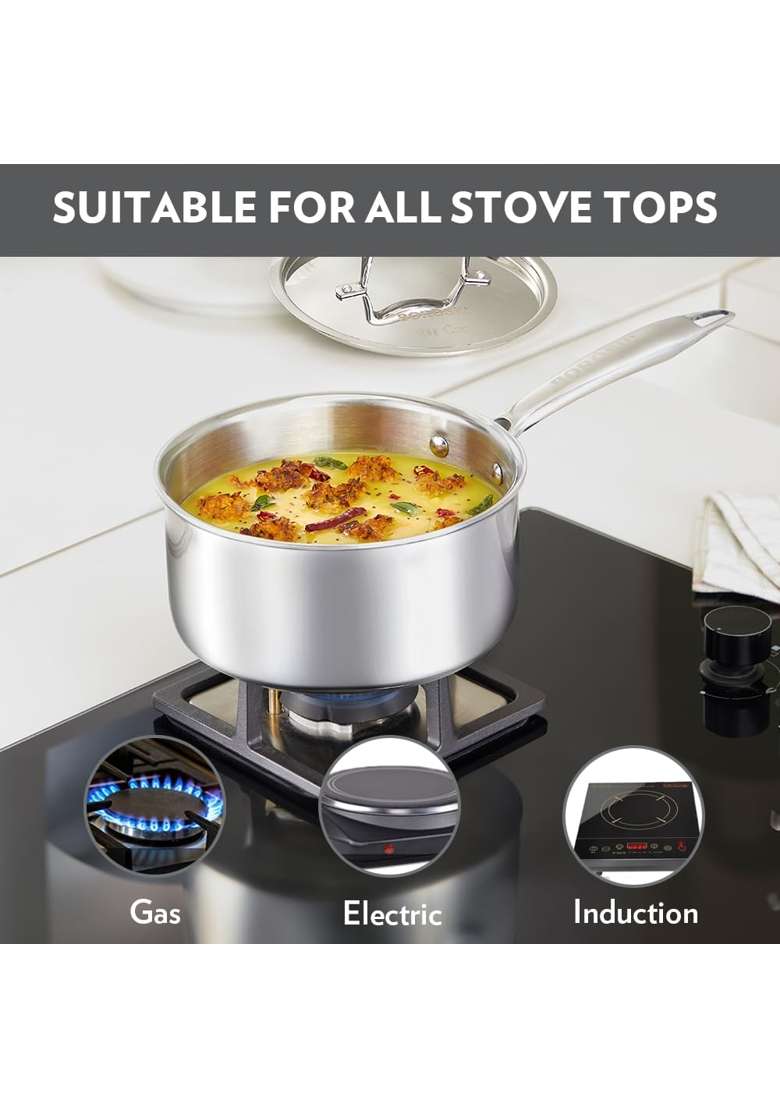Borosil Cookfresh Triply Stainless Steel Straight Shape Sauce Pan with Lid | 20 cm | 7.9 Inch | Induction Compatible | Dishwasher Safe | Food Safe - Indya