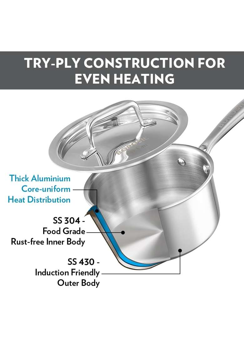 Borosil Cookfresh Triply Stainless Steel Straight Shape Sauce Pan with Lid | 20 cm | 7.9 Inch | Induction Compatible | Dishwasher Safe | Food Safe - Indya