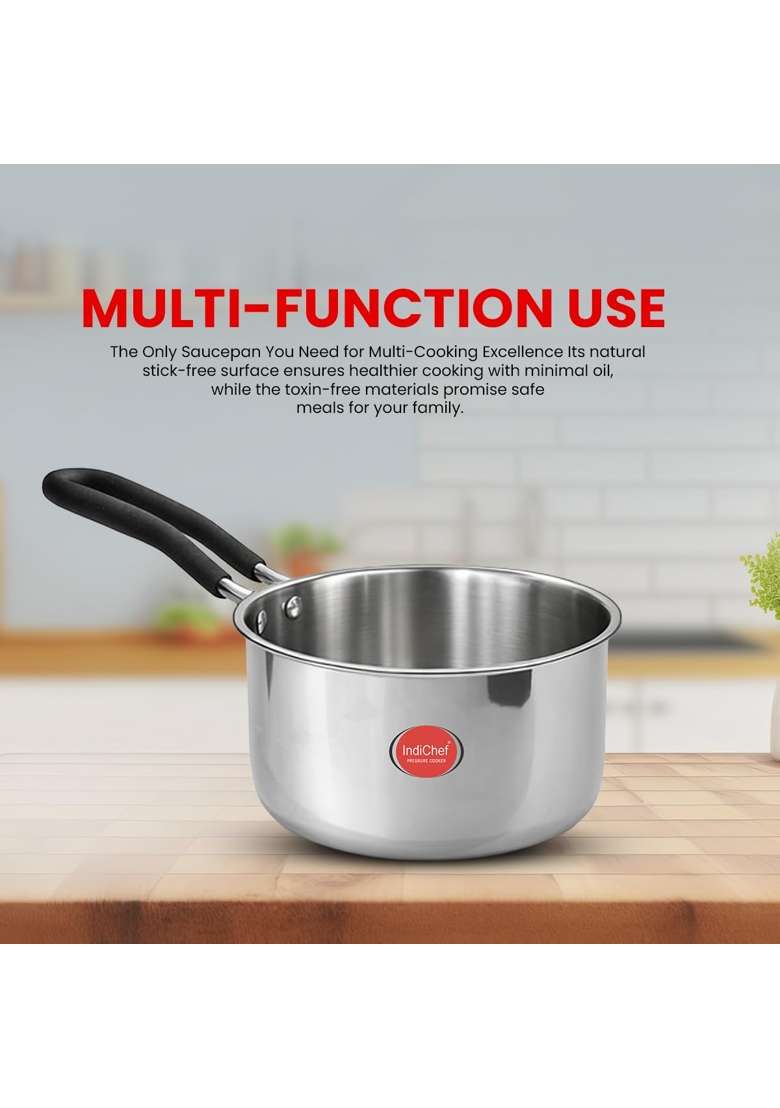 IndiChef Triply Stainless Steel Saucepan with Lid | 5 L | 5.3 Qt | Induction Compatible | Heavy Bottom - Indya