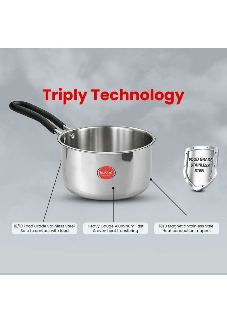 IndiChef Triply Stainless Steel Saucepan with Lid | 5 L | 5.3 Qt | Induction Compatible | Heavy Bottom - Indya
