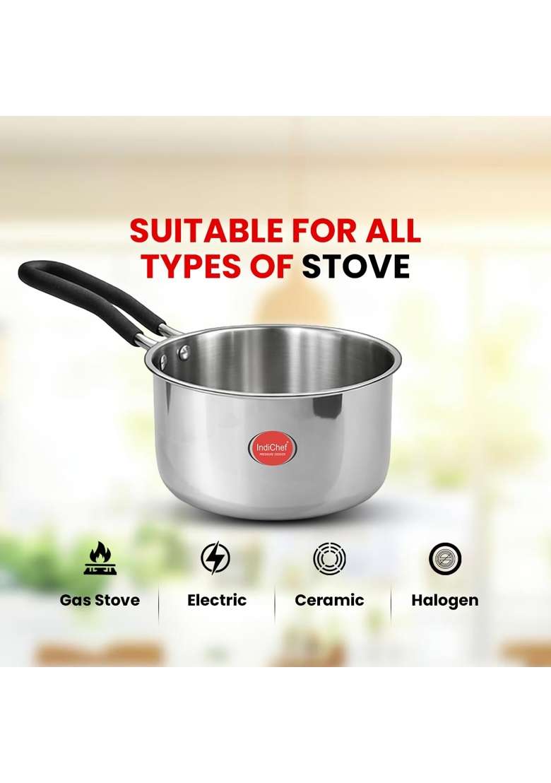 IndiChef Triply Stainless Steel Saucepan with Lid | 5 L | 5.3 Qt | Induction Compatible | Heavy Bottom - Indya