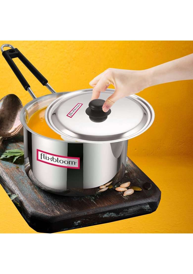 FLIXBLOOM Exclusive Stainless Steel TRIPLY-Sandwich Bottom Deep Cooking Utensil Kitchen | 4 L | 4.2 Qt | Induction Compatible - Indya