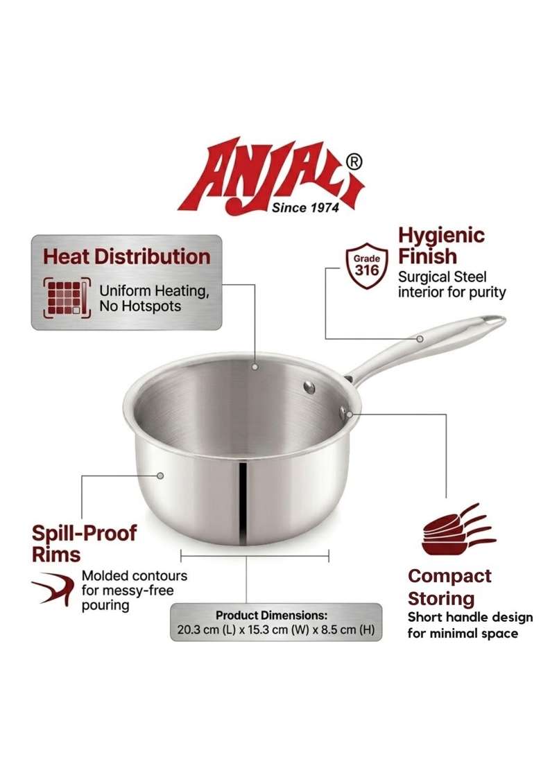 ANJALI Tattva Triply Stainless Steel Sauce Pan Without Lid for Everyday Cooking | 18 cm | 7.1 Inch - Indya