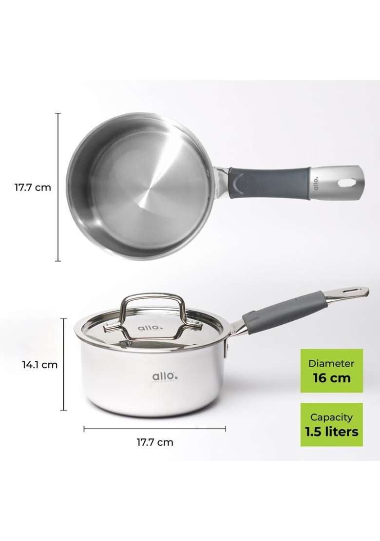 Allo Triply Stainless Steel TriPly Sauce Pan | 1.5 L | 1.6 Qt | 16 cm | 6.3 Inch | Induction Compatible | Non-Stick | With Lid - Indya