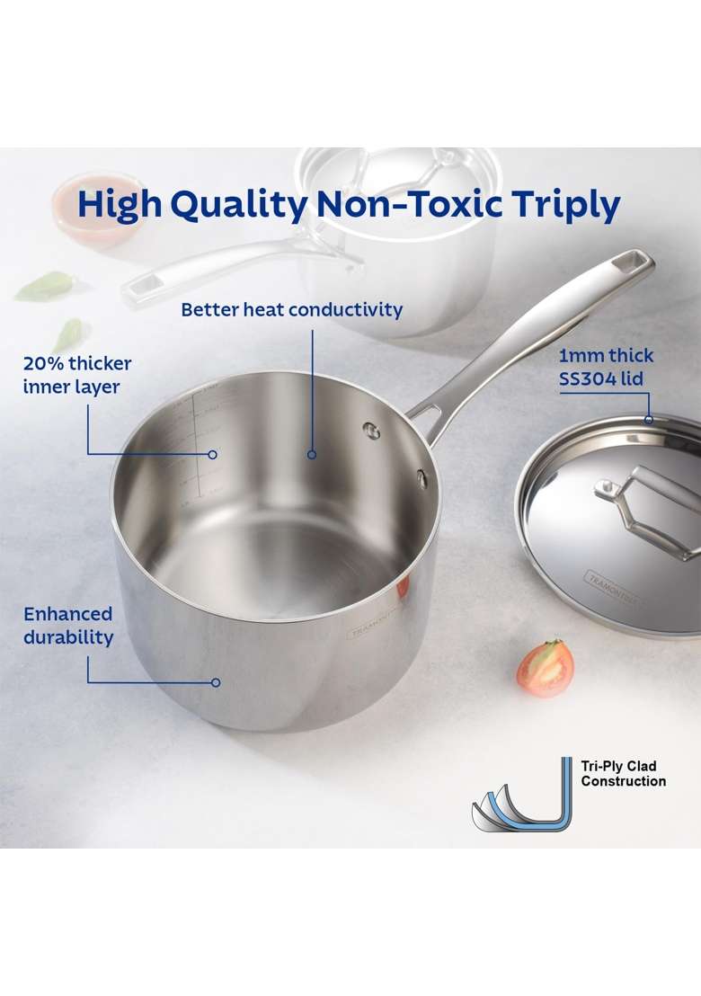 TRAMONTINA Aeion Triply Stainless Steel Sauce Pan with SS 304 Lid | 1.5 L | 1.6 Qt | 14 cm | 5.5 Inch | Induction Compatible | Non-Toxic - Indya