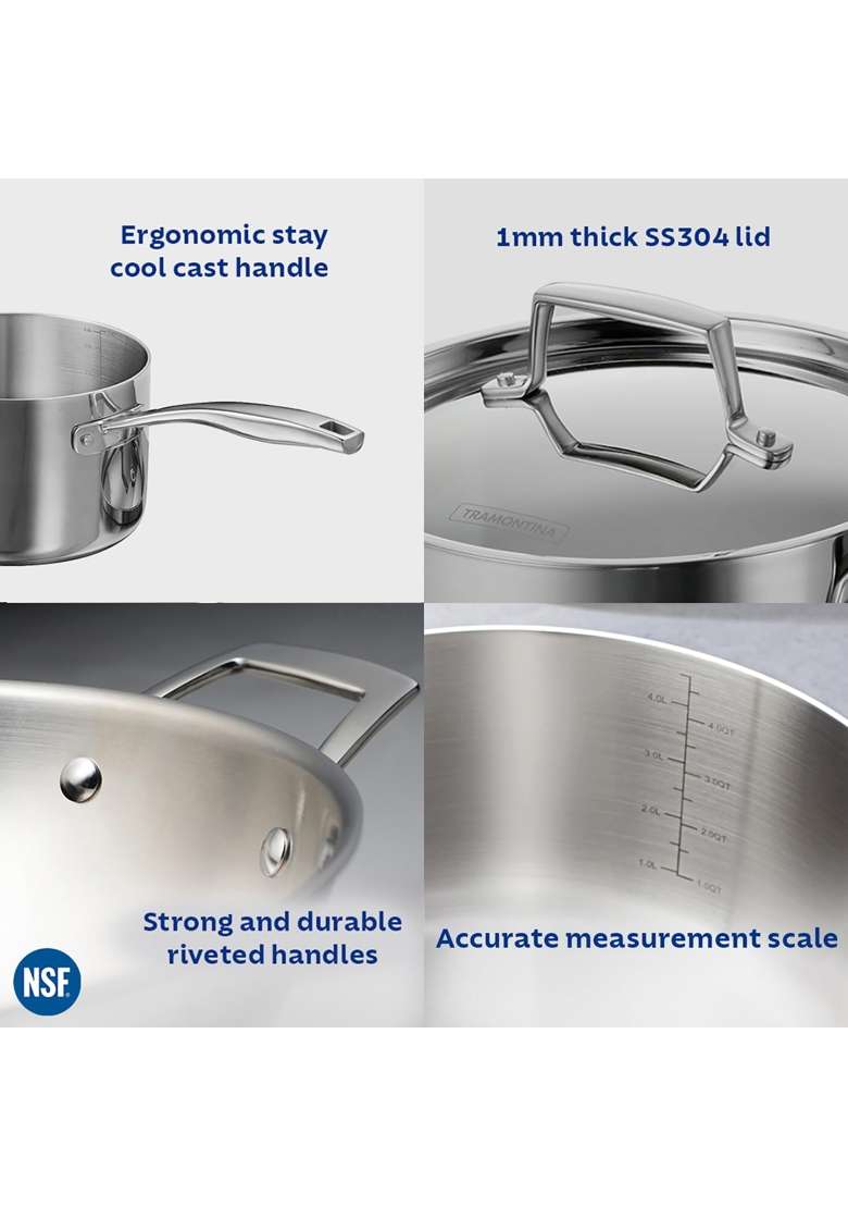 TRAMONTINA Aeion Triply Stainless Steel Sauce Pan with SS 304 Lid | 1.5 L | 1.6 Qt | 14 cm | 5.5 Inch | Induction Compatible | Non-Toxic - Indya