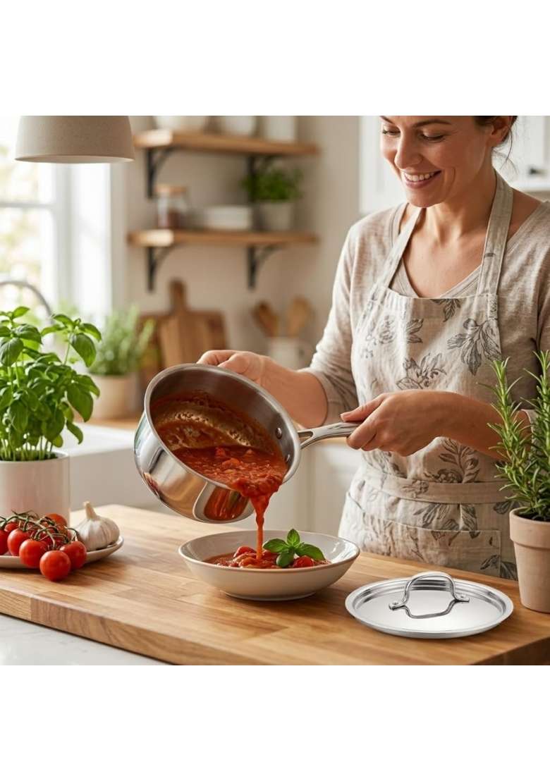 ANJALI Tattva Triply Stainless Steel Sauce Pan with Stainless Steel Lid | 18 cm | 7.1 Inch | Induction Compatible - Indya