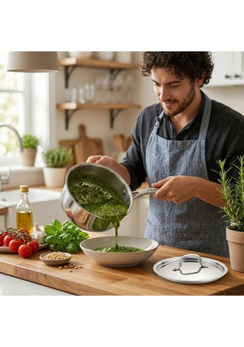 ANJALI Tattva Triply Stainless Steel Sauce Pan with Stainless Steel Lid | 18 cm | 7.1 Inch | Induction Compatible - Indya
