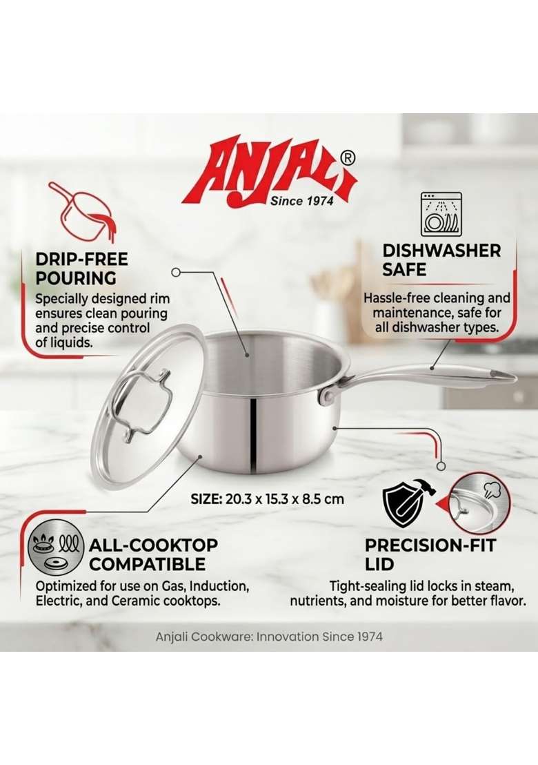 ANJALI Tattva Triply Stainless Steel Sauce Pan with Stainless Steel Lid | 18 cm | 7.1 Inch | Induction Compatible - Indya