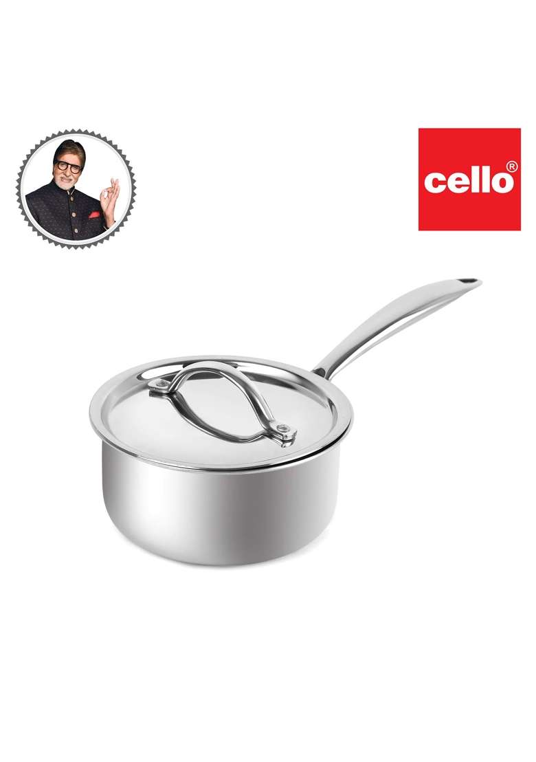 CELLO Induction Base Tri-Ply Sauce Pan with Stainless Steel Lid | 1.6 L | 1.7 Qt | 16 cm | 6.3 Inch - Indya