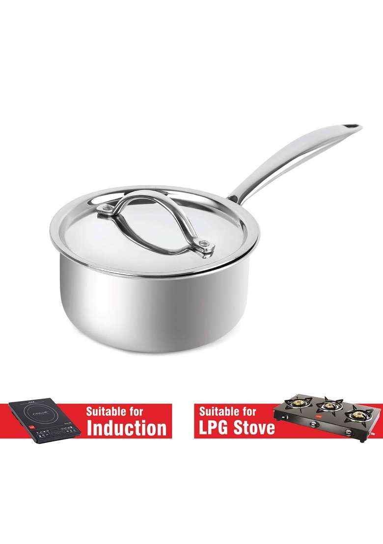 CELLO Induction Base Tri-Ply Sauce Pan with Stainless Steel Lid | 1.6 L | 1.7 Qt | 16 cm | 6.3 Inch - Indya