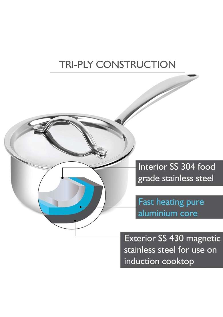 CELLO Induction Base Tri-Ply Sauce Pan with Stainless Steel Lid | 1.6 L | 1.7 Qt | 16 cm | 6.3 Inch - Indya
