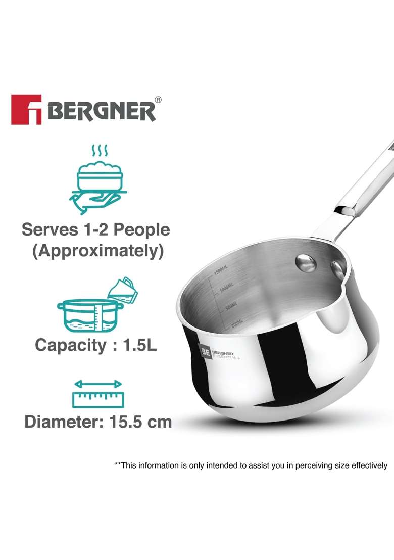 BERGNER BE Essentials Triply | 1.5 L | 1.6 Qt | 14 cm | 5.5 Inch | Induction Compatible | Food Safe - Indya