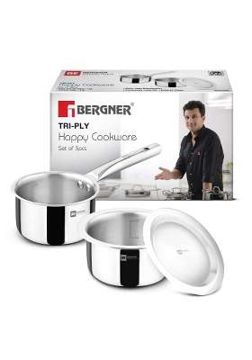 BERGNER TriPro Triply Stainless Steel Cookware Happy Set | 1.5 L | 1.6 Qt | 16 cm | 6.3 Inch | 3-Piece Set | Induction Compatible | With Lid