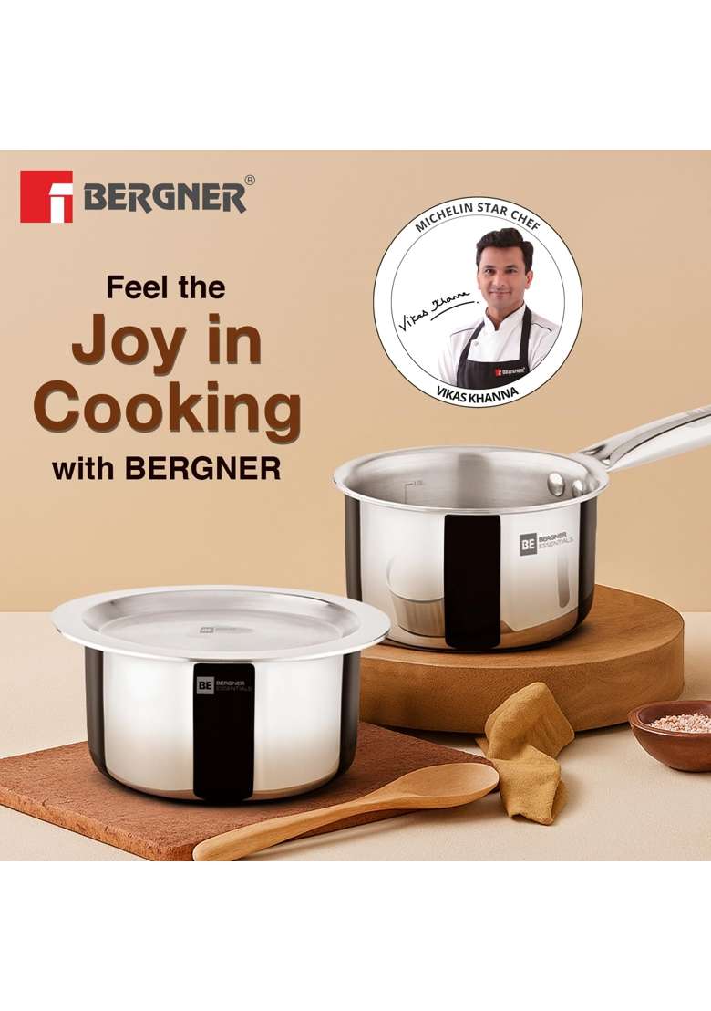 BERGNER TriPro Triply Stainless Steel Cookware Happy Set | 1.5 L | 1.6 Qt | 16 cm | 6.3 Inch | 3-Piece Set | Induction Compatible | With Lid - Indya