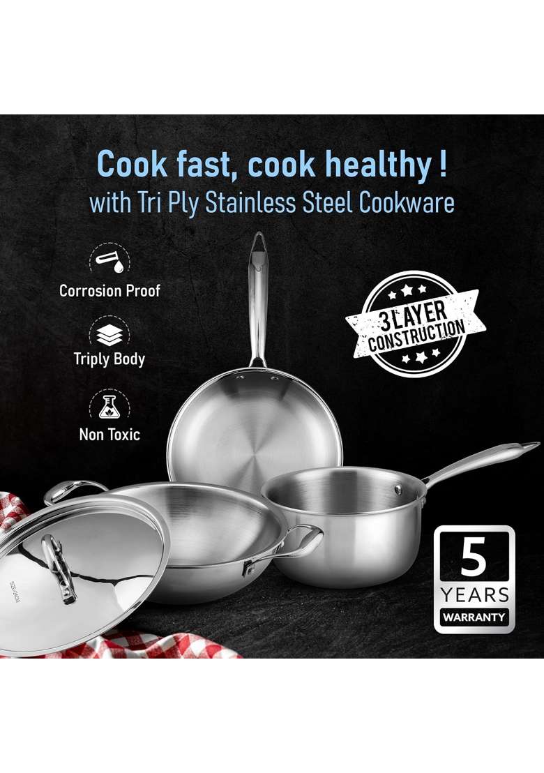 AGARO Regency Triply Cookware | 1.5 L | 1.6 Qt | 24 cm | 9.4 Inch | 3-Piece Set | Induction Compatible | With Lid - Indya