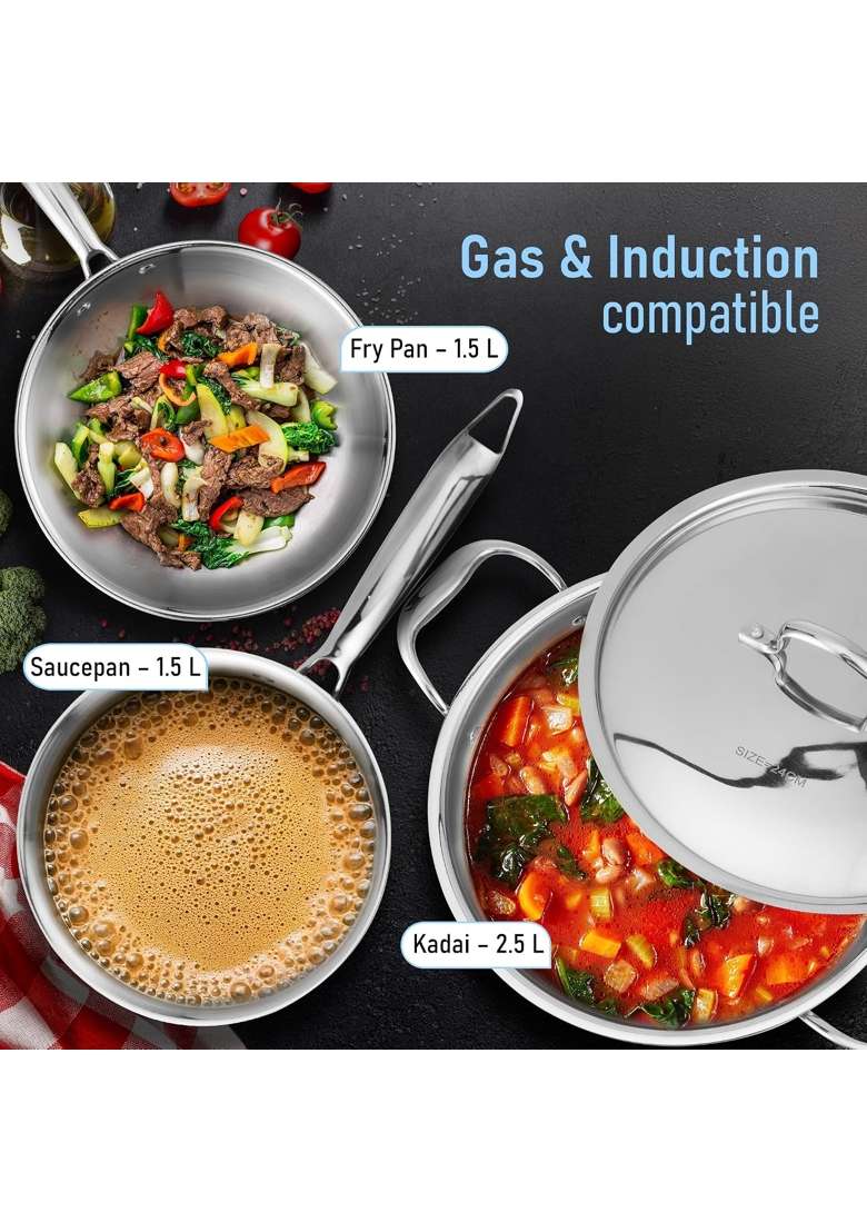 AGARO Regency Triply Cookware | 1.5 L | 1.6 Qt | 24 cm | 9.4 Inch | 3-Piece Set | Induction Compatible | With Lid - Indya
