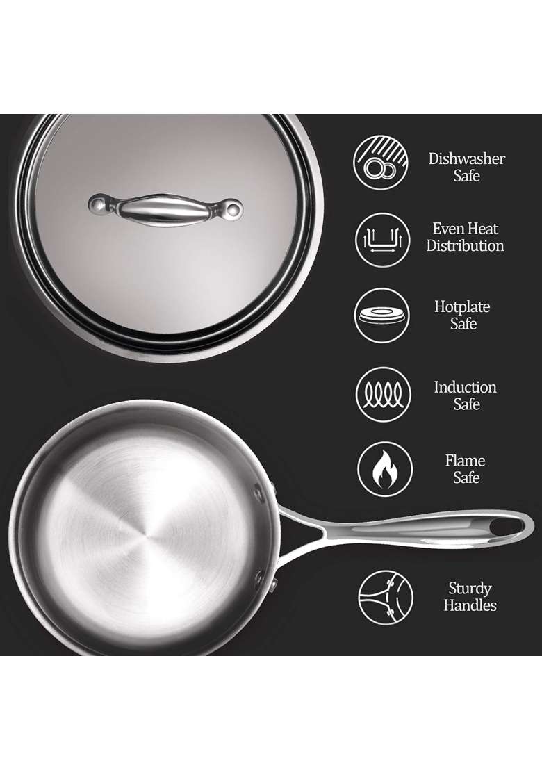 MILTON Pro cook Induction Cookware and Gas Stove Friendly Triply Stainless Steel Sauce Pan | 1 L | 1.1 Qt | 14 cm | 5.5 Inch | With Lid - Indya